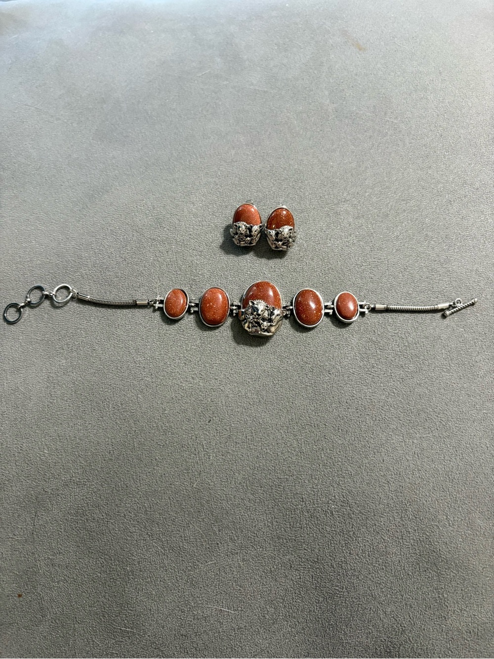 Vintage Silver Tone Goldstone Bracelet And Earrings Set Lion Family